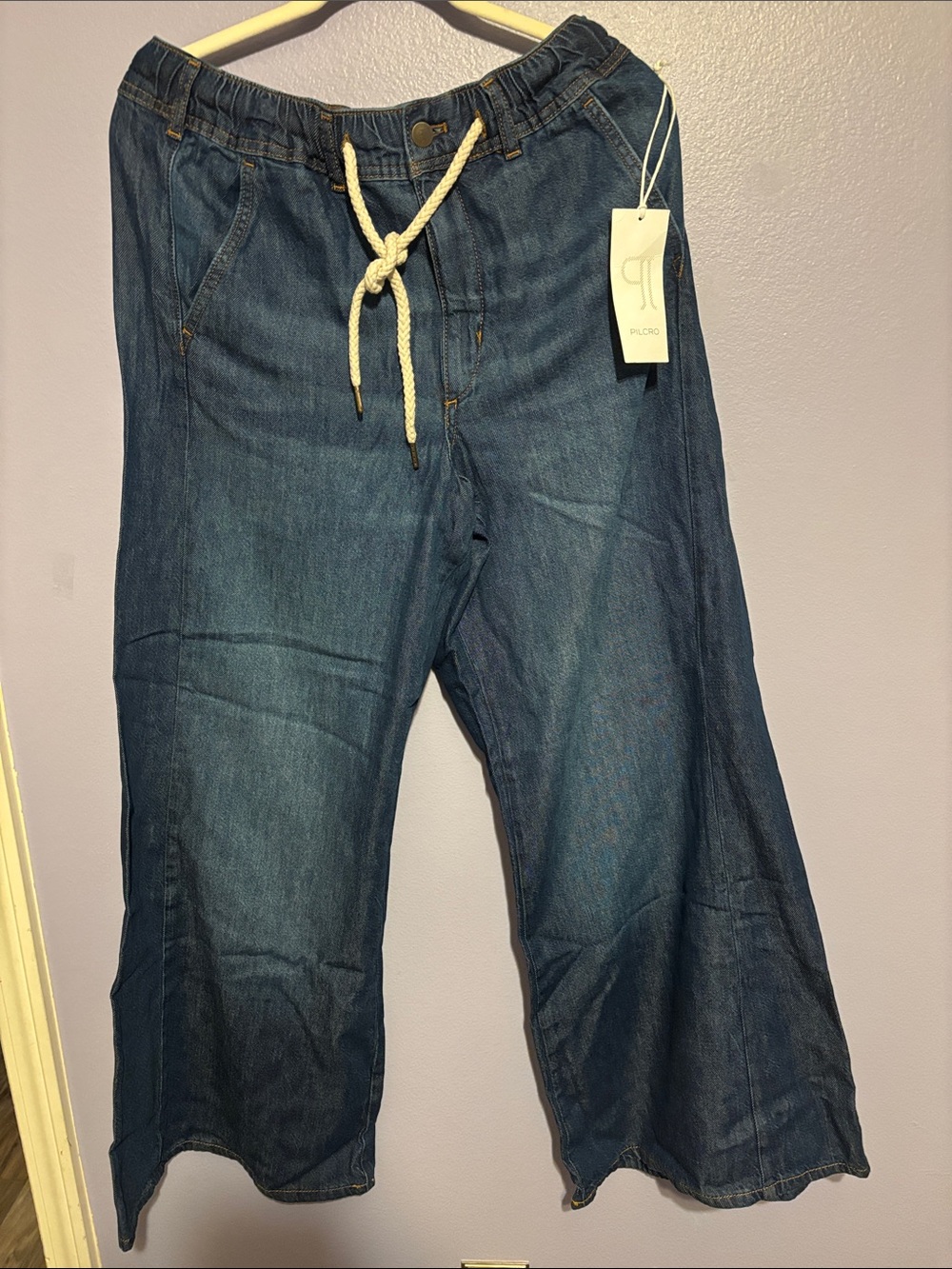 Pilcro Dark Denim Wide-Leg Jeans with Cream Drawstring